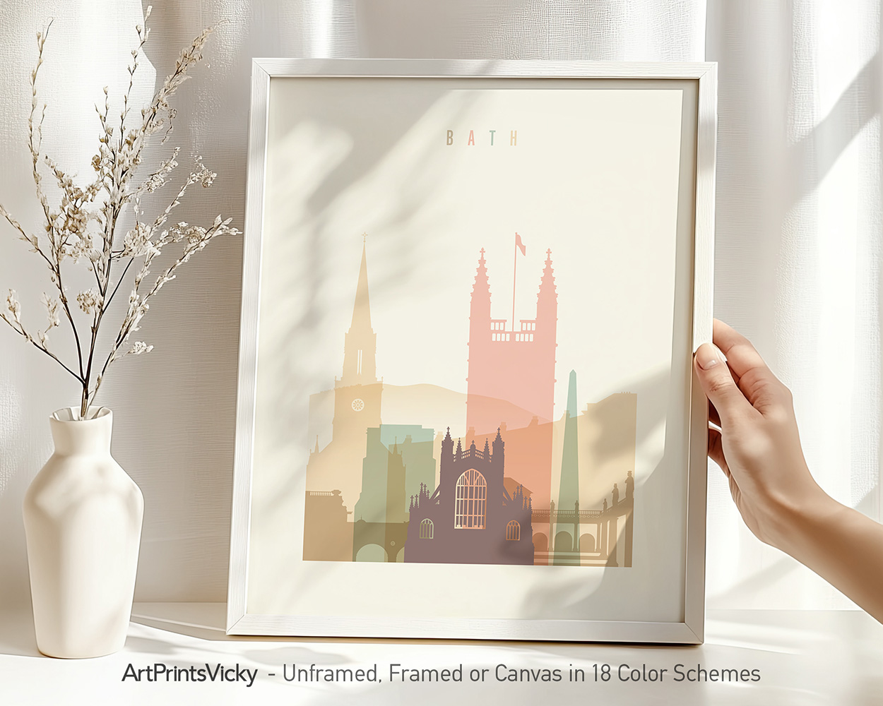 Art print featuring the skyline of Bath with notable buildings in a minimalist design.