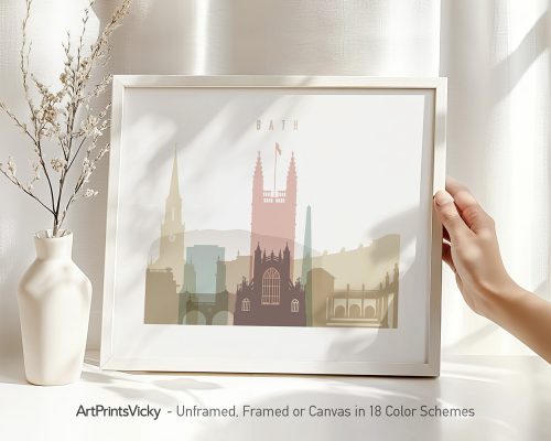 Art print of Bath cityscape featuring notable buildings in a minimalist style.