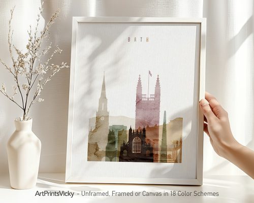 Art print featuring a cityscape of Bath with notable buildings and a soft color palette.