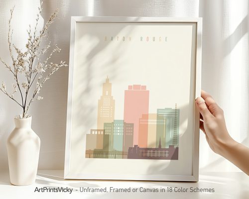 Art print featuring a stylized cityscape of Baton Rouge with pastel colors and geometric shapes.
