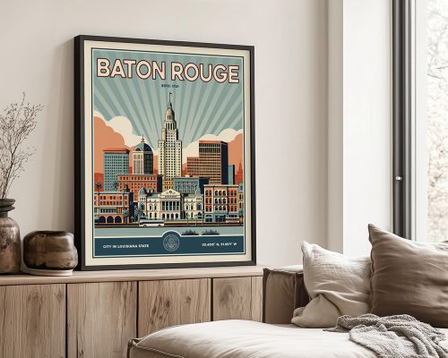 Retro-style poster of Baton Rouge featuring the skyline and notable buildings in a colorful design.