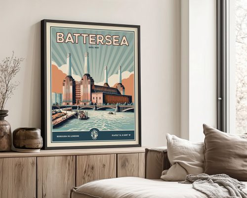 Retro print of Battersea Power Station with stylized sun rays and muted colors.