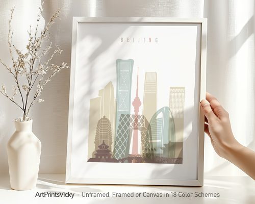 Framed artwork depicting a stylized cityscape of Beijing with notable buildings and structures.