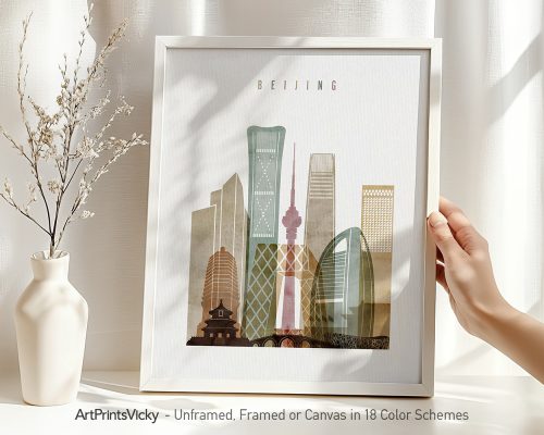 Art print featuring a stylized cityscape of Beijing with various skyscrapers and buildings.