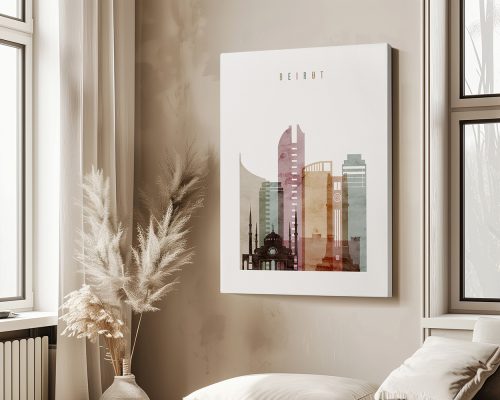 Art print of a cityscape featuring buildings and architectural elements from Beirut.