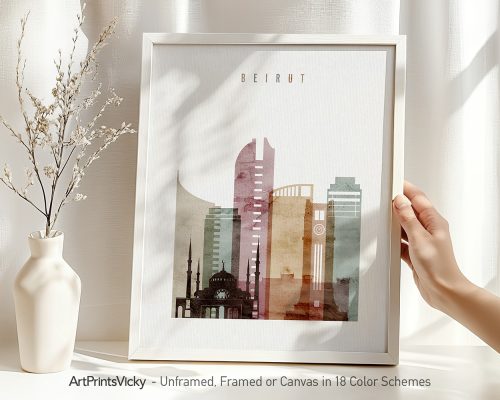 Art print of a cityscape featuring buildings and a mosque in Beirut with a watercolor effect.