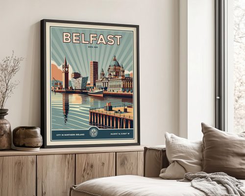 Retro art print of Belfast featuring iconic buildings and a waterfront view.