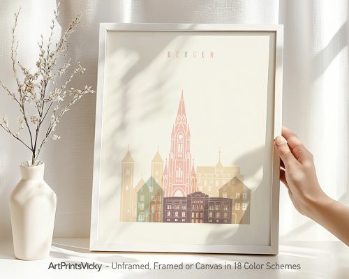 Art print of Bergen featuring buildings and a church in a minimalist style.