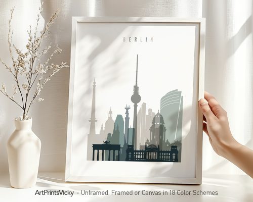 Framed print of Berlin cityscape featuring notable landmarks in a minimalist design.