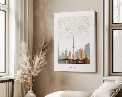 Art print of a map of Berlin featuring iconic landmarks and a minimalist design.