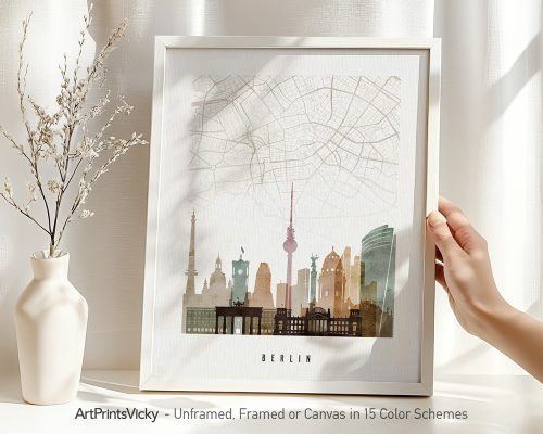 Art print featuring a map of Berlin with skyline silhouettes and key landmarks in a minimalist design.