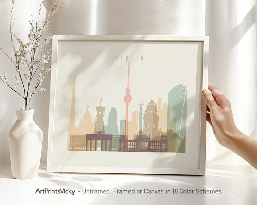 Framed art print of Berlin's skyline featuring notable buildings and landmarks.