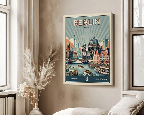 Retro-style poster featuring the city of Berlin with notable buildings and a river scene.