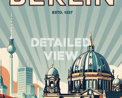 Retro-style poster featuring the Berlin Cathedral and Berlin TV Tower with a sunburst background.
