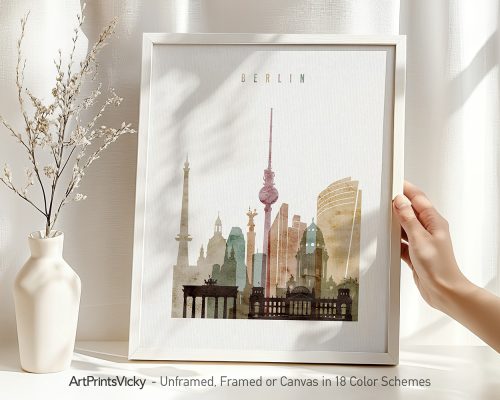 Art print featuring a silhouette of Berlin's skyline with notable landmarks in various colors.