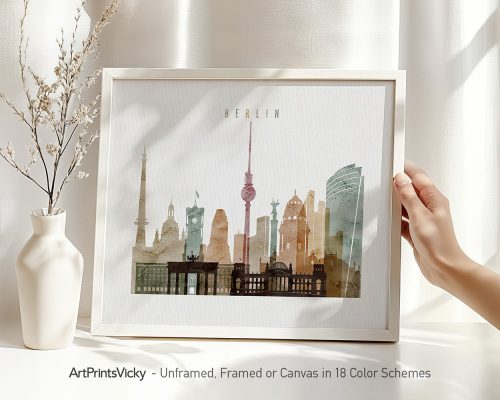 Framed artwork depicting a silhouette of Berlin's skyline with notable landmarks.