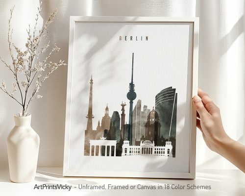 Art print featuring a silhouette of Berlin's skyline with notable landmarks and the word 'BERLIN' at the top.