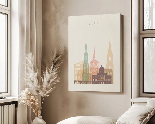 Illustration of the city skyline of Bern with various architectural elements in pastel colors.