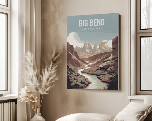 Illustrative artwork of Big Bend National Park featuring a river and mountains in a neutral color palette.