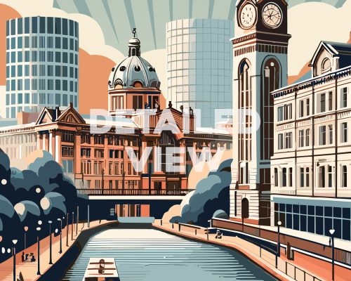 Illustration of a Birmingham cityscape featuring buildings, a clock tower, and a canal.