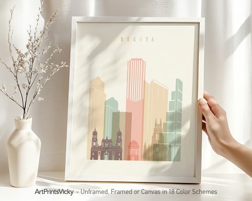 Art print of a stylized cityscape of Bogota featuring buildings in pastel colors.