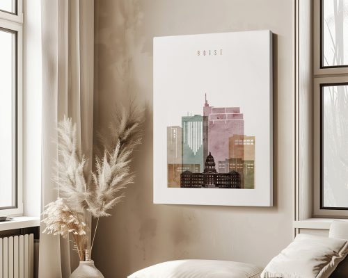 Artistic representation of Boise city skyline with various building silhouettes and colors.