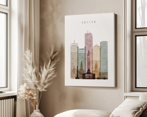 Artistic representation of the Boston skyline featuring various buildings in soft colors.