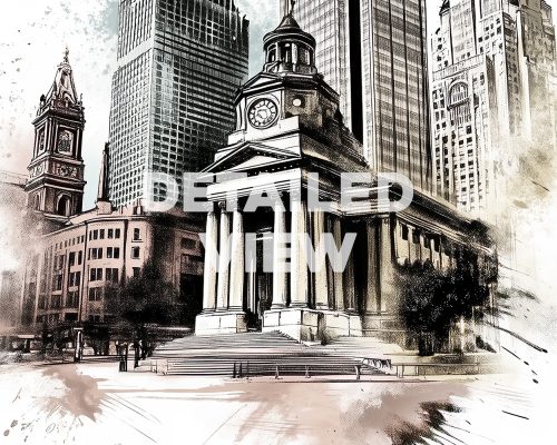 Illustration of a historic building in Boston with a clock tower and surrounding skyscrapers.
