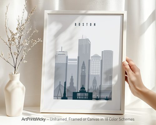 Framed print of the Boston city skyline featuring notable buildings and structures.