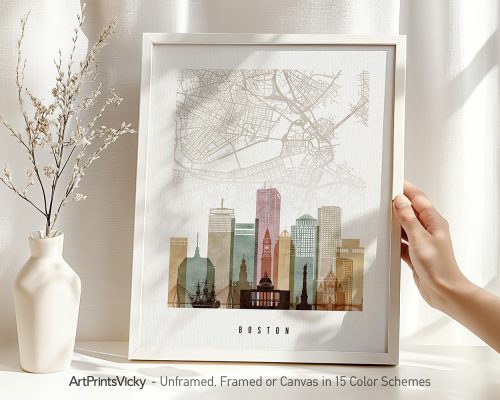 Art print of Boston city skyline with a map background and various buildings illustrated.