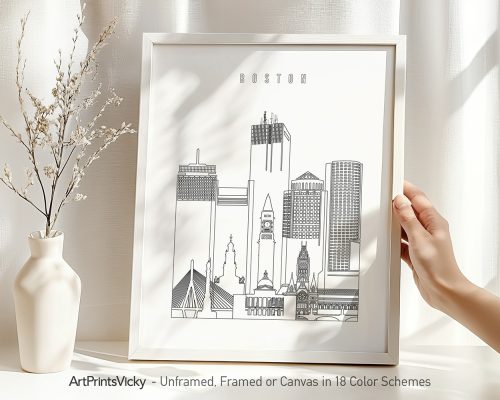 Black and white outline illustration of Boston's skyline in a framed print.