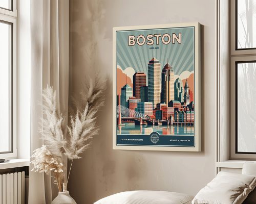 Retro-style poster featuring a cityscape of Boston with buildings and a bridge.