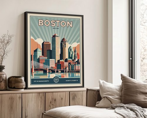 Retro-style print of Boston's skyline featuring prominent buildings and a bridge.
