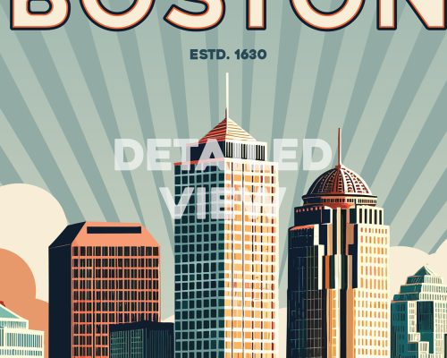 Retro-style illustration of Boston's skyline featuring tall buildings and rays in the background.