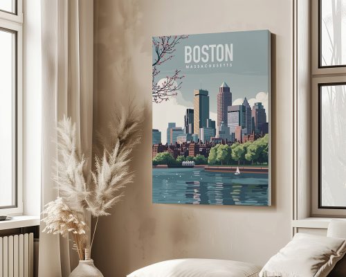 Art print depicting the skyline of Boston, Massachusetts with a lake in the foreground.