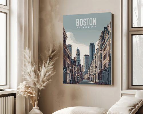 Illustration of Boston, Massachusetts featuring buildings and a skyline in a muted color palette.