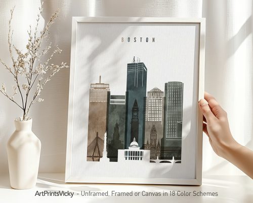Art print featuring a stylized depiction of the Boston city skyline in muted colors.