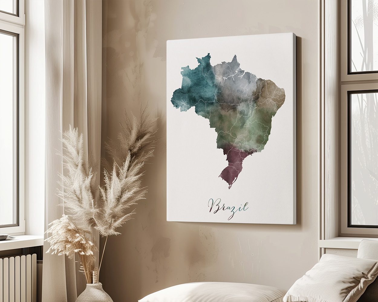 Watercolor map of Brazil featuring various colors representing different regions.