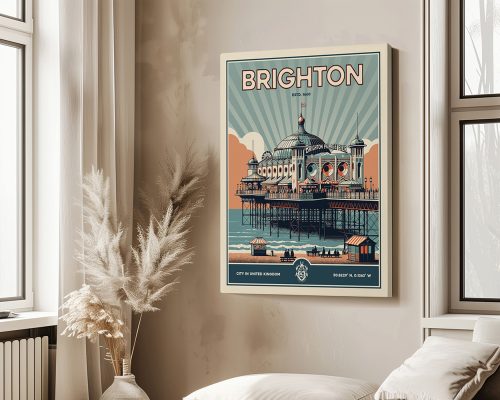 Retro-style poster of Brighton's pier featuring a colorful design with sun rays and decorative elements.