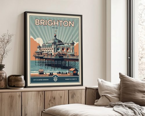 Vintage-style poster of Brighton Pier with a sunburst background and text at the top.