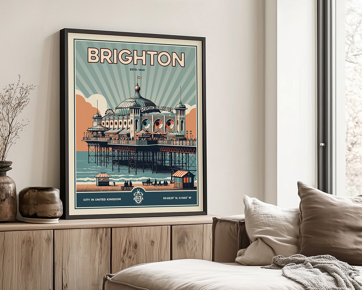 Vintage-style poster of Brighton Pier with a sunburst background and text at the top.