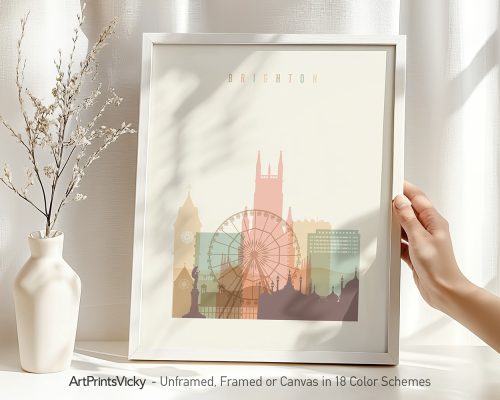 Art print of Brighton cityscape featuring landmarks and a ferris wheel in pastel colors.