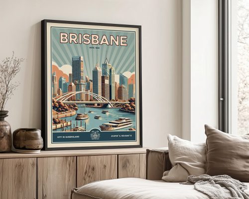 Retro art print featuring a stylized depiction of Brisbane's skyline and river.