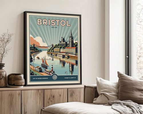 Retro travel poster of Bristol featuring a river scene with buildings and a boat.
