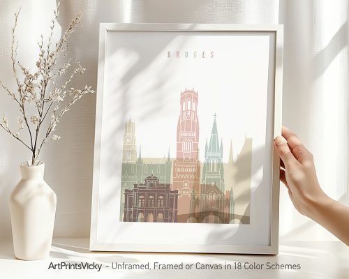 Art print of Bruges cityscape featuring stylized buildings in pastel colors within a frame.