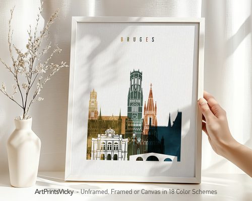 Art print featuring stylized buildings from Bruges in various colors and a white frame.