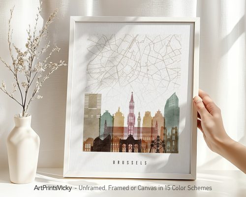 Art print of a map of Brussels featuring notable buildings and landmarks in a stylized design.