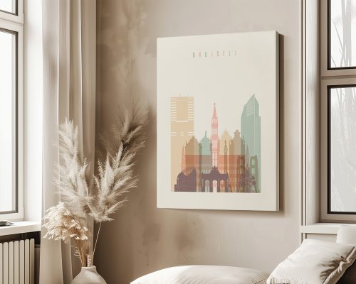 Art print featuring a stylized cityscape of Brussels with notable buildings and structures.