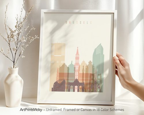 Art print featuring a stylized illustration of Brussels with notable buildings and a soft color palette.