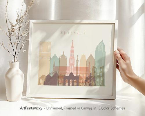 Art print of Brussels featuring iconic buildings in a minimalist style with pastel colors.